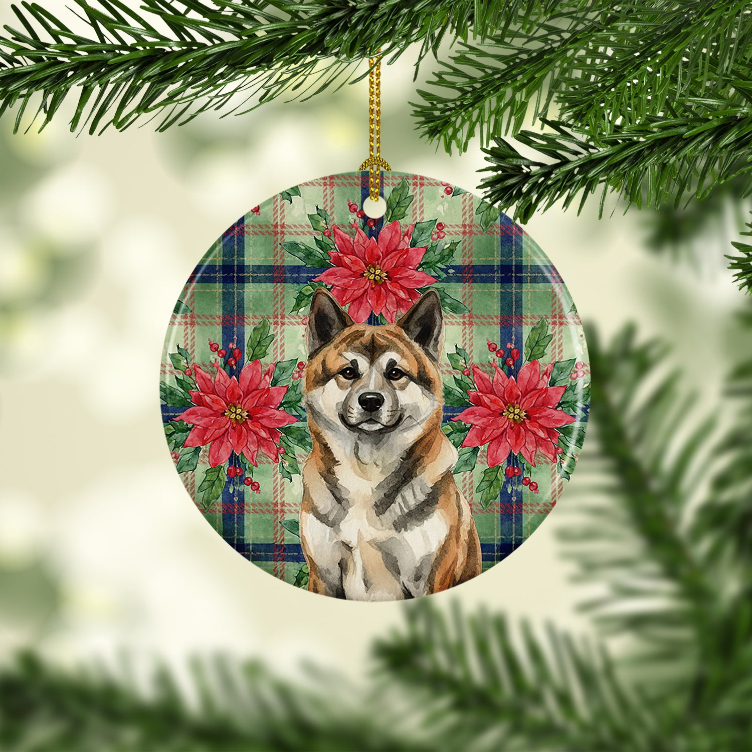 Caroline's Treasures Brindle Akita Christmas PoinsettIas Ceramic Ornament