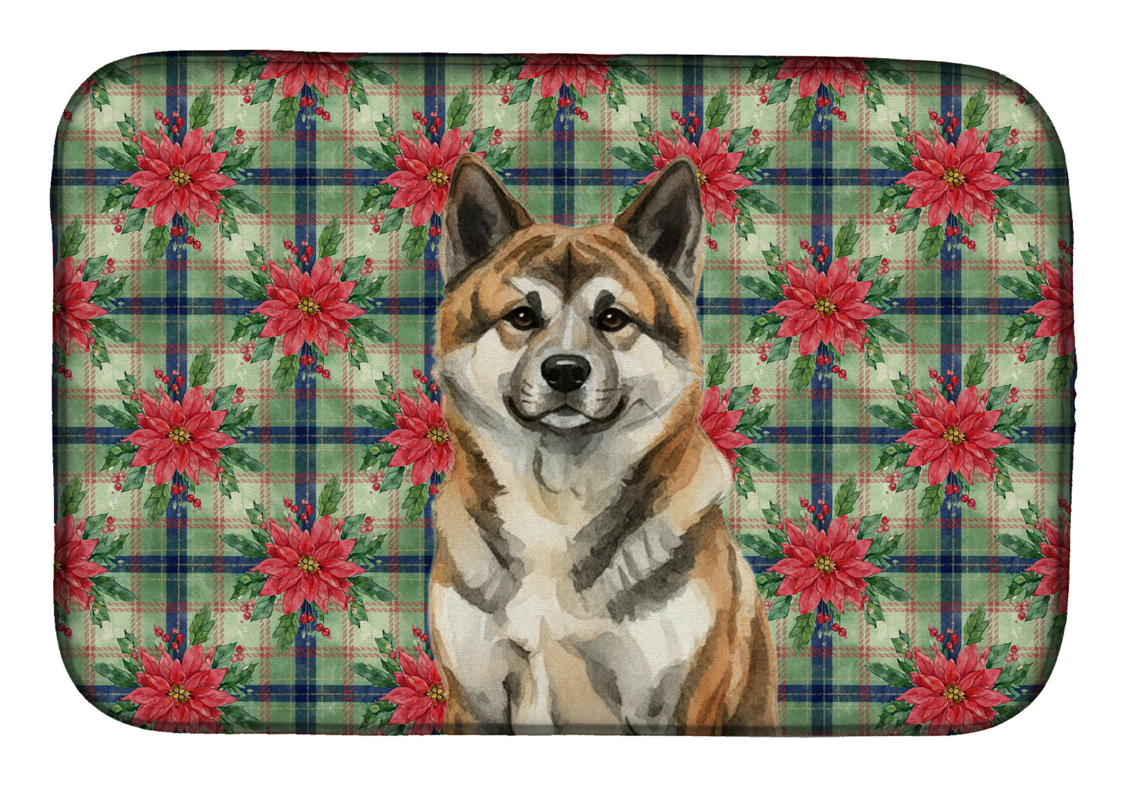 Caroline's Treasures Brindle Akita Christmas PoinsettIas Dish Drying Mat
