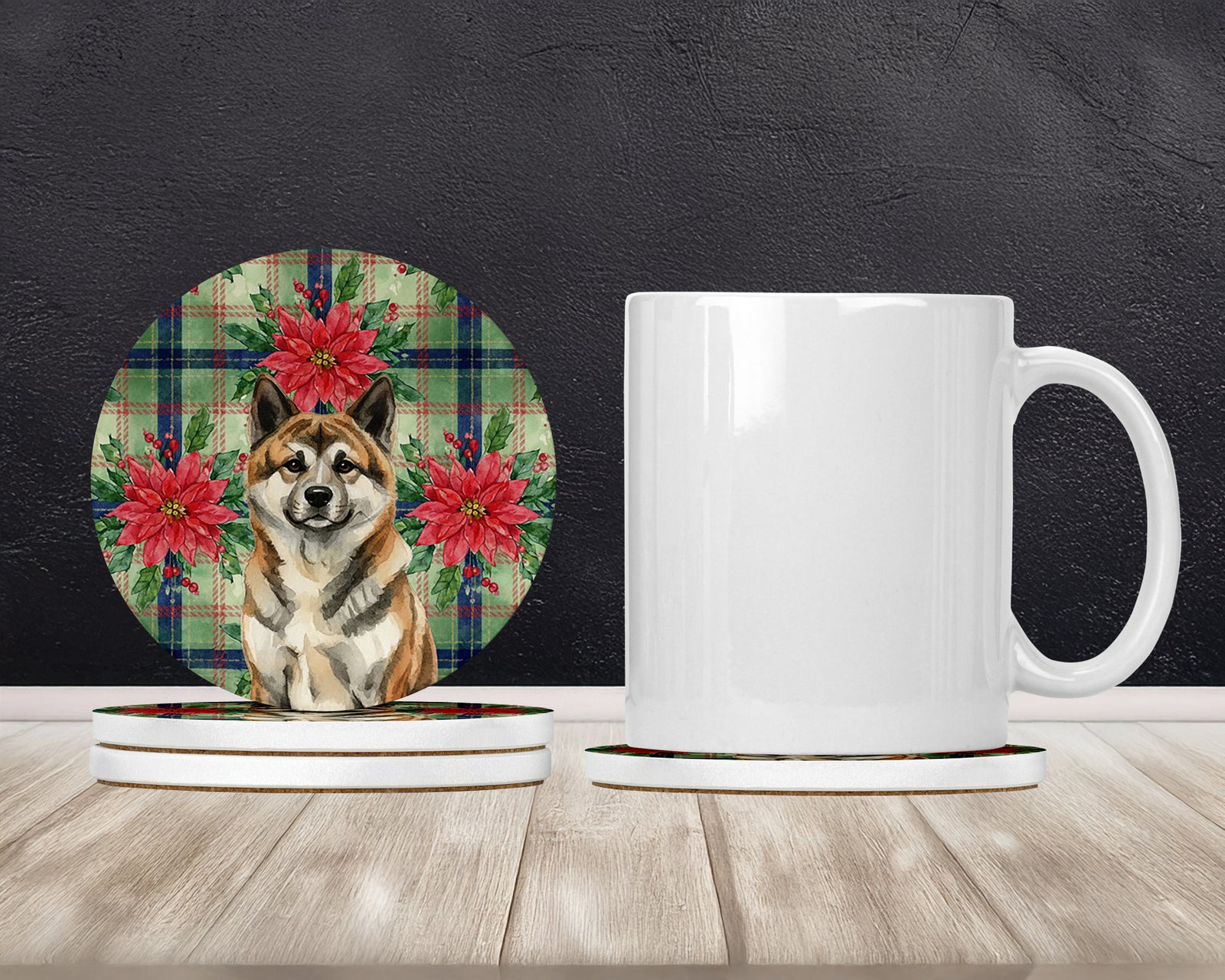 Caroline's Treasures Brindle Akita Christmas PoinsettIas Large Sandstone Coasters Pack of 4