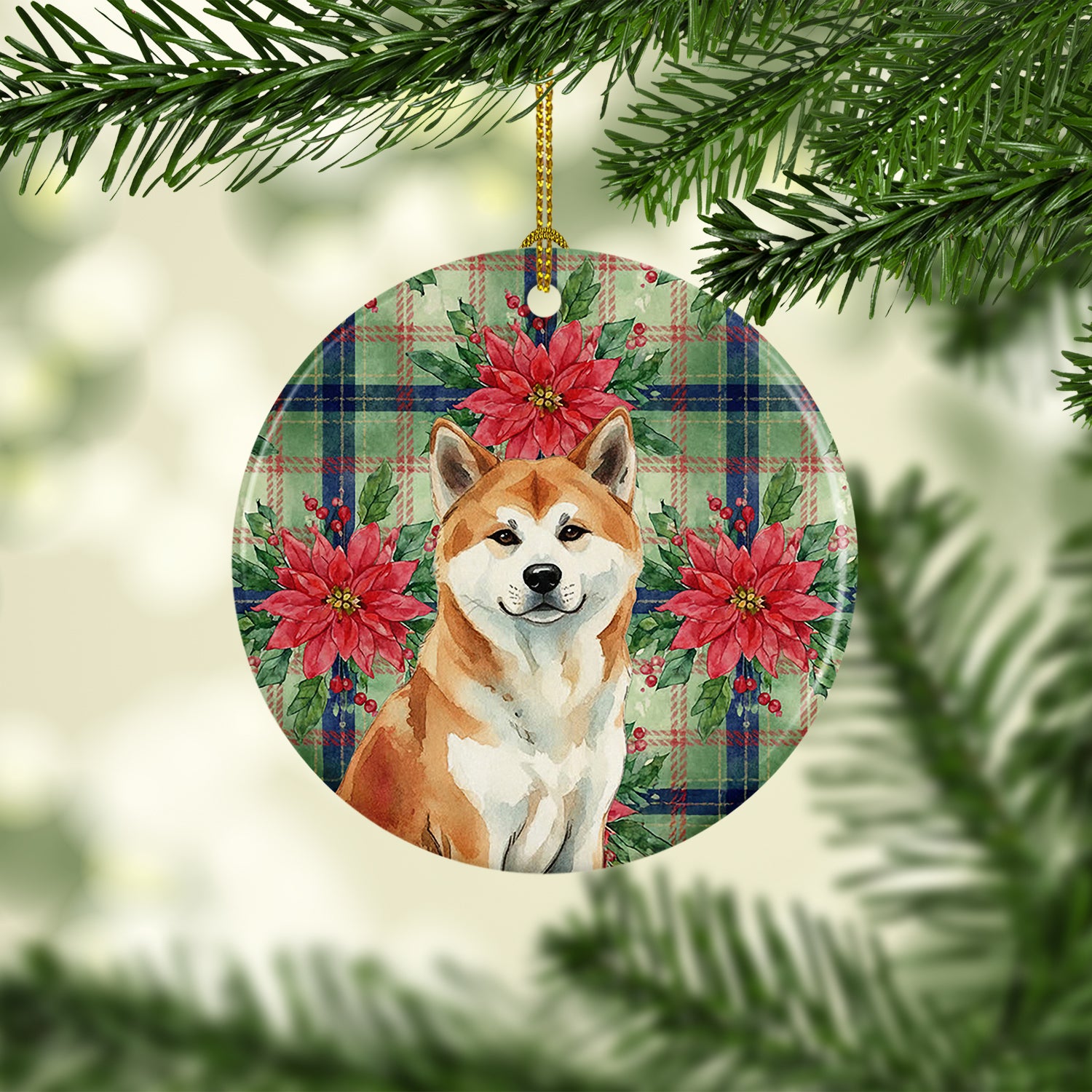 Caroline's Treasures Red Akita Christmas PoinsettIas Ceramic Ornament