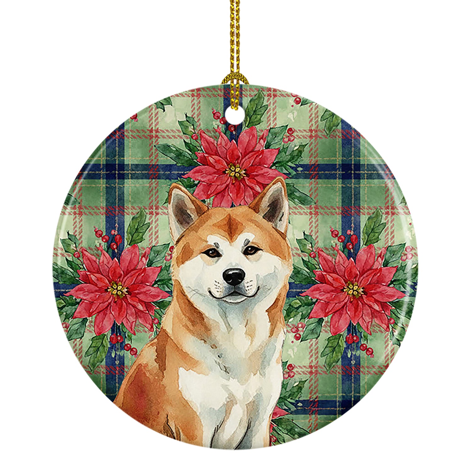 Caroline's Treasures Red Akita Christmas PoinsettIas Ceramic Ornament