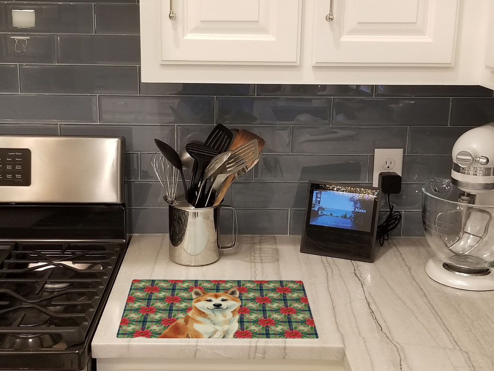 Caroline's Treasures Red Akita Christmas PoinsettIas Glass Cutting Board