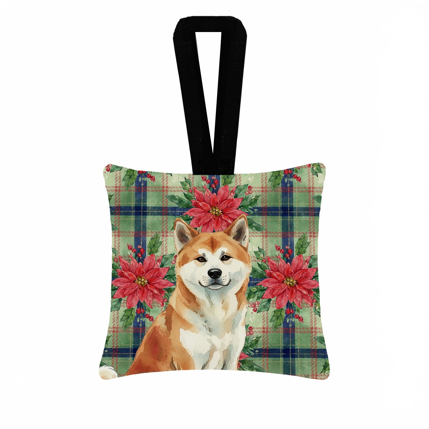 Caroline's Treasures Red Akita Christmas PoinsettIas Hanging Square Fabric Ornament 3.5 x 3.5