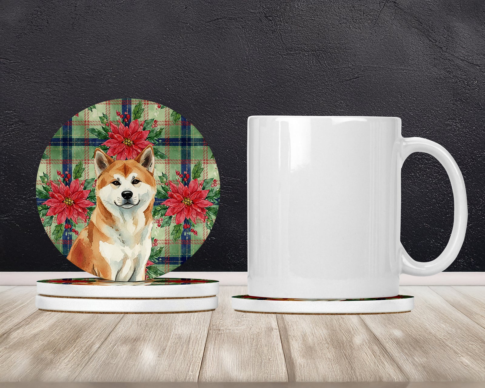 Caroline's Treasures Red Akita Christmas PoinsettIas Large Sandstone Coasters Pack of 4