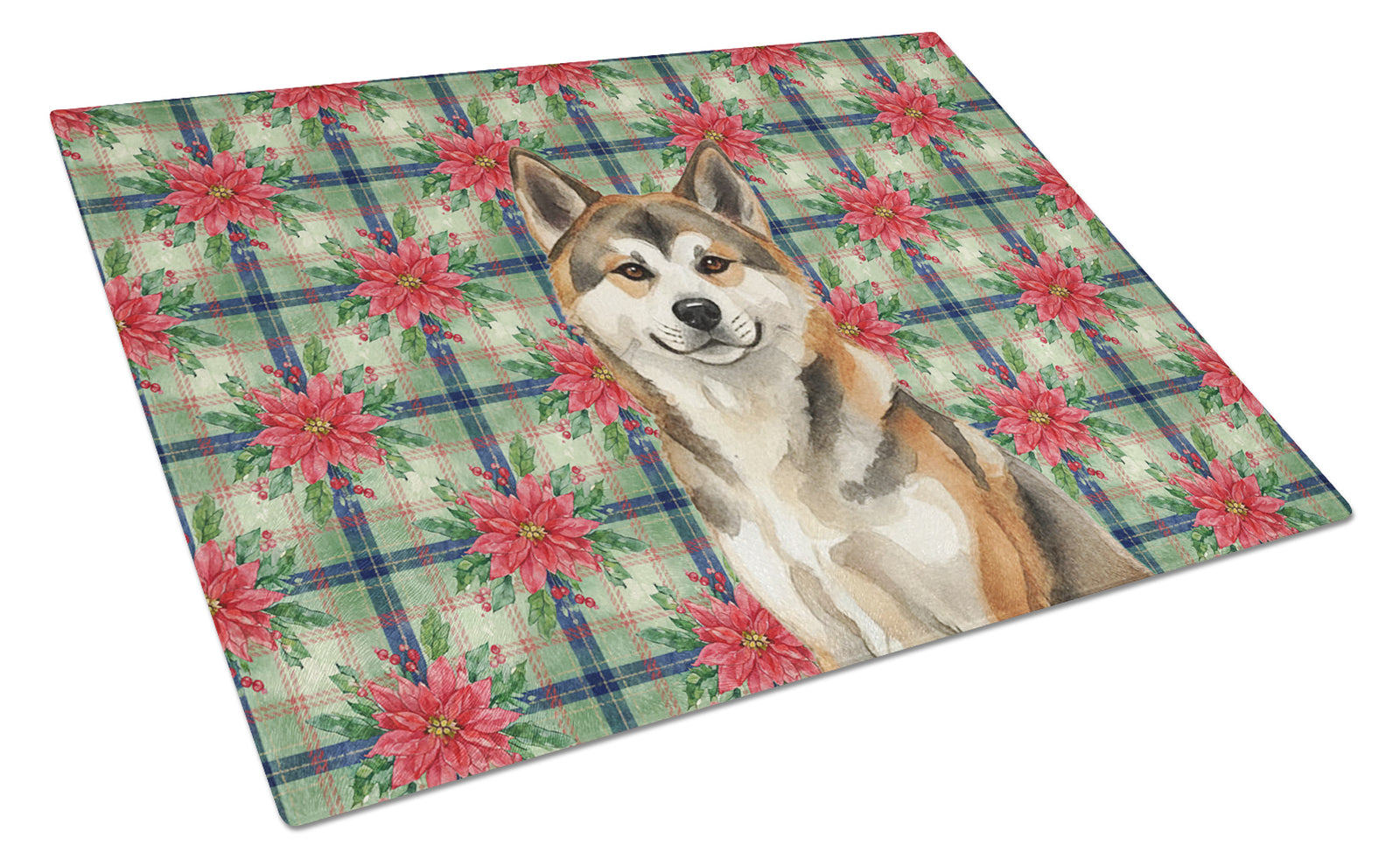 Caroline's Treasures Sesame Akita Christmas PoinsettIas Glass Cutting Board