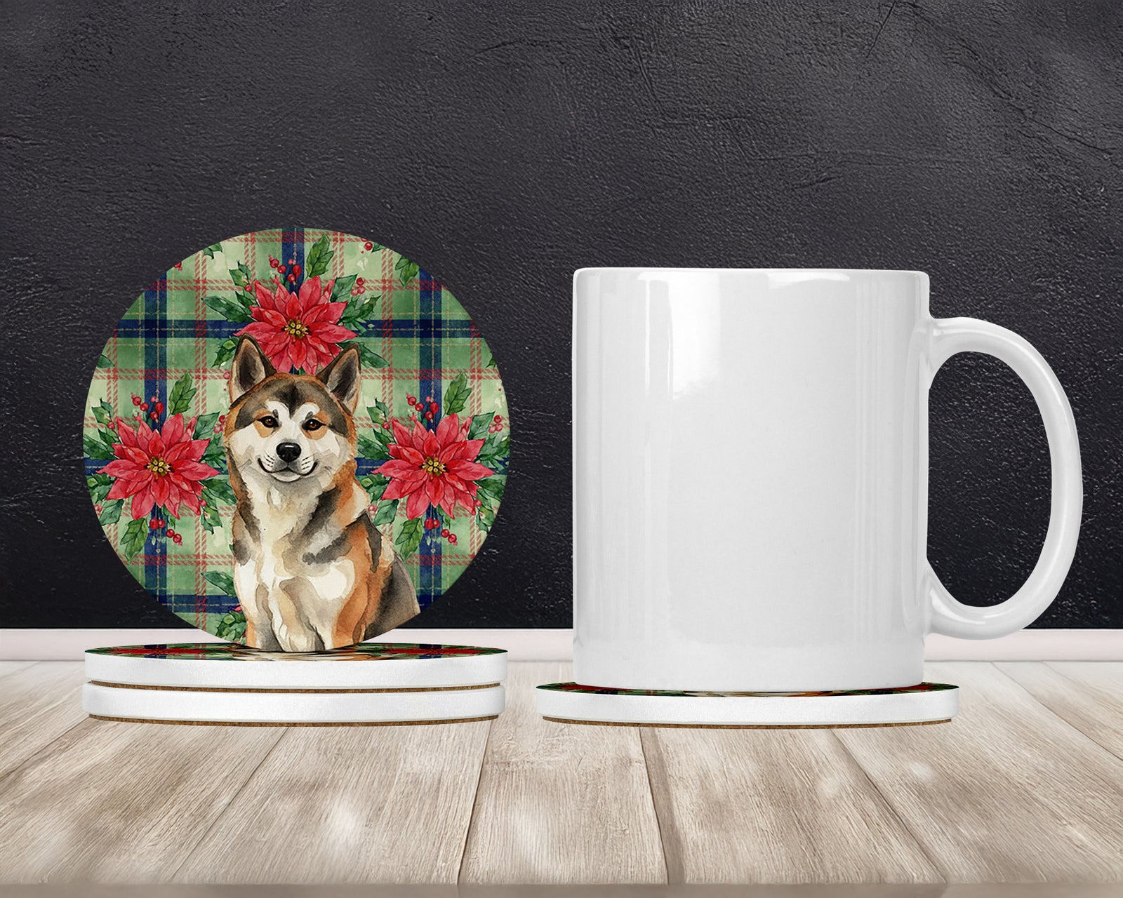 Caroline's Treasures Sesame Akita Christmas PoinsettIas Large Sandstone Coasters Pack of 4
