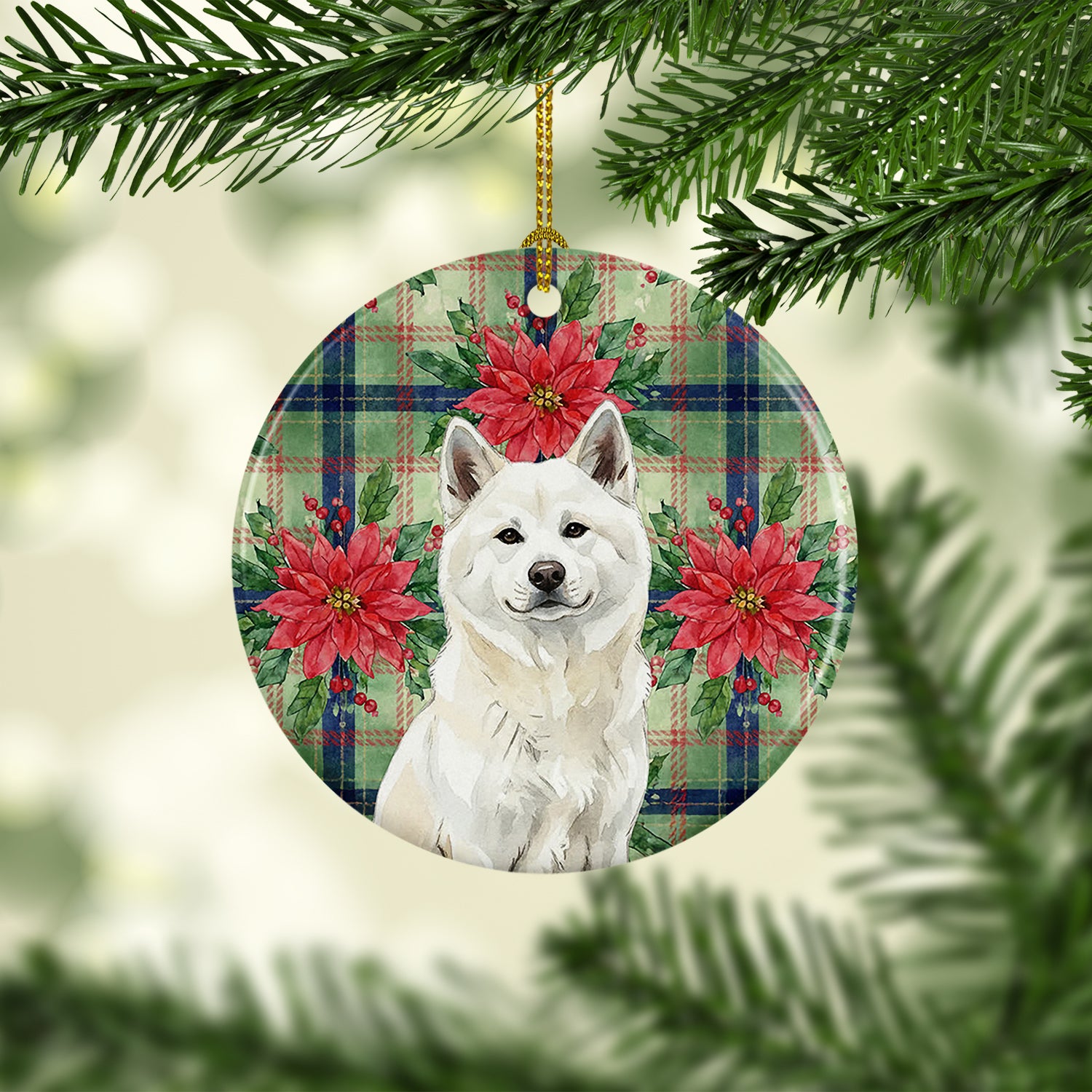 Caroline's Treasures White Akita Christmas PoinsettIas Ceramic Ornament