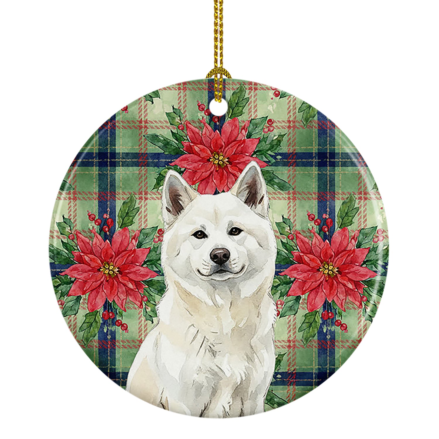 Caroline's Treasures White Akita Christmas PoinsettIas Ceramic Ornament