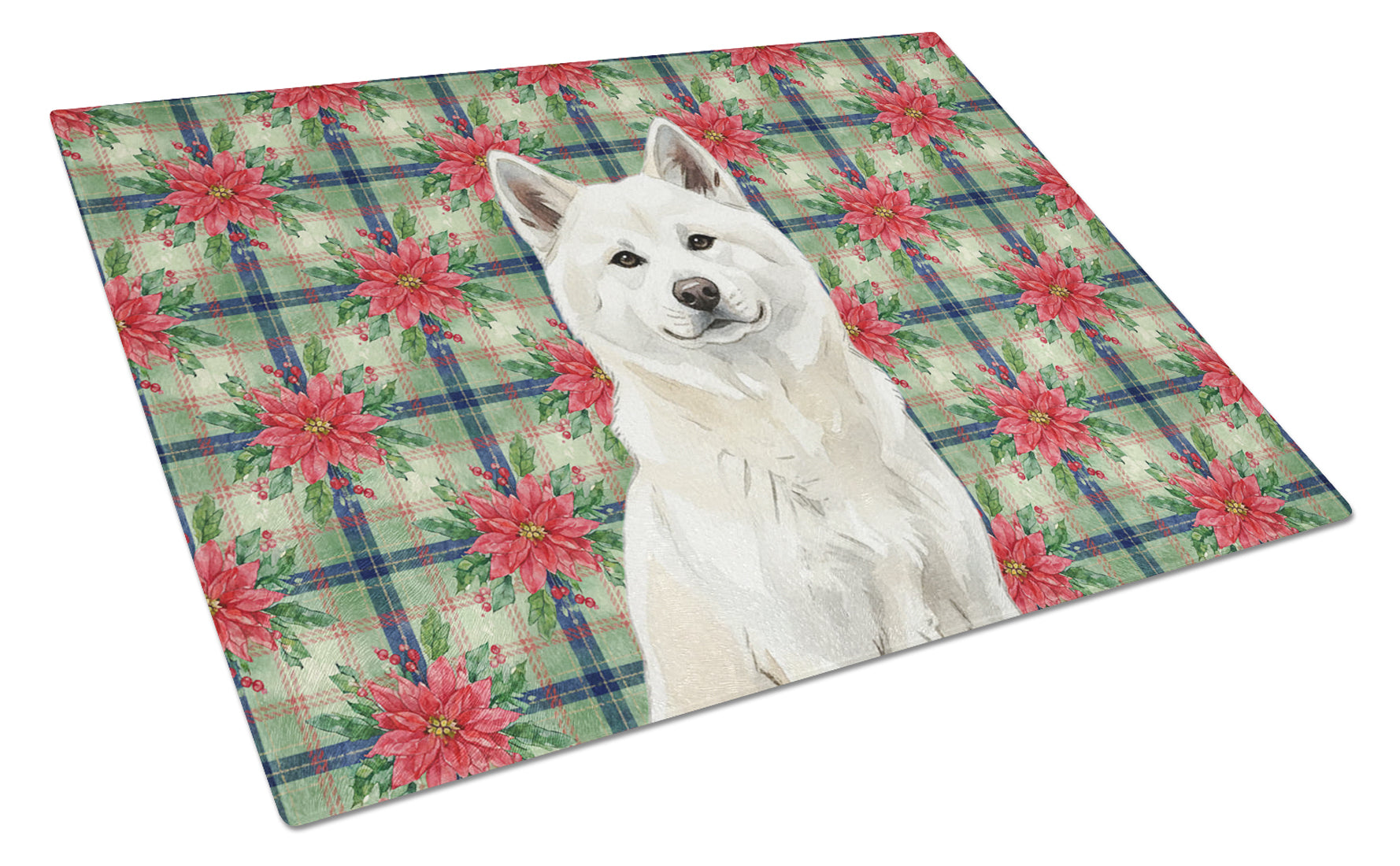 Caroline's Treasures White Akita Christmas PoinsettIas Glass Cutting Board