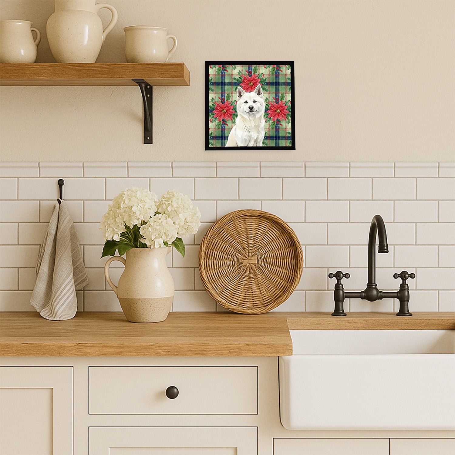 Caroline's Treasures White Akita Christmas PoinsettIas Framed Metal Print