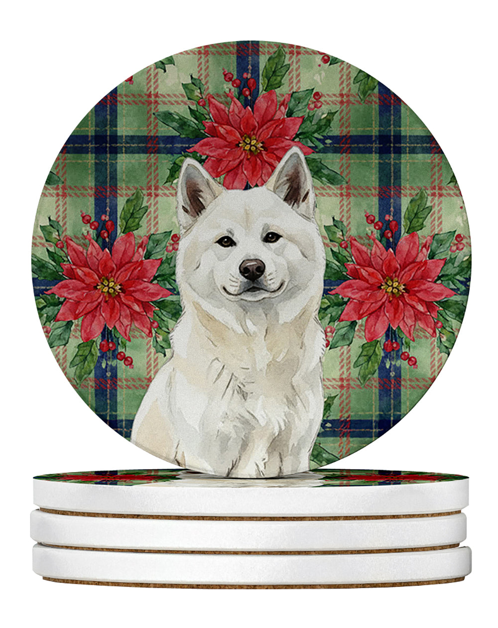 Caroline's Treasures White Akita Christmas PoinsettIas Large Sandstone Coasters Pack of 4