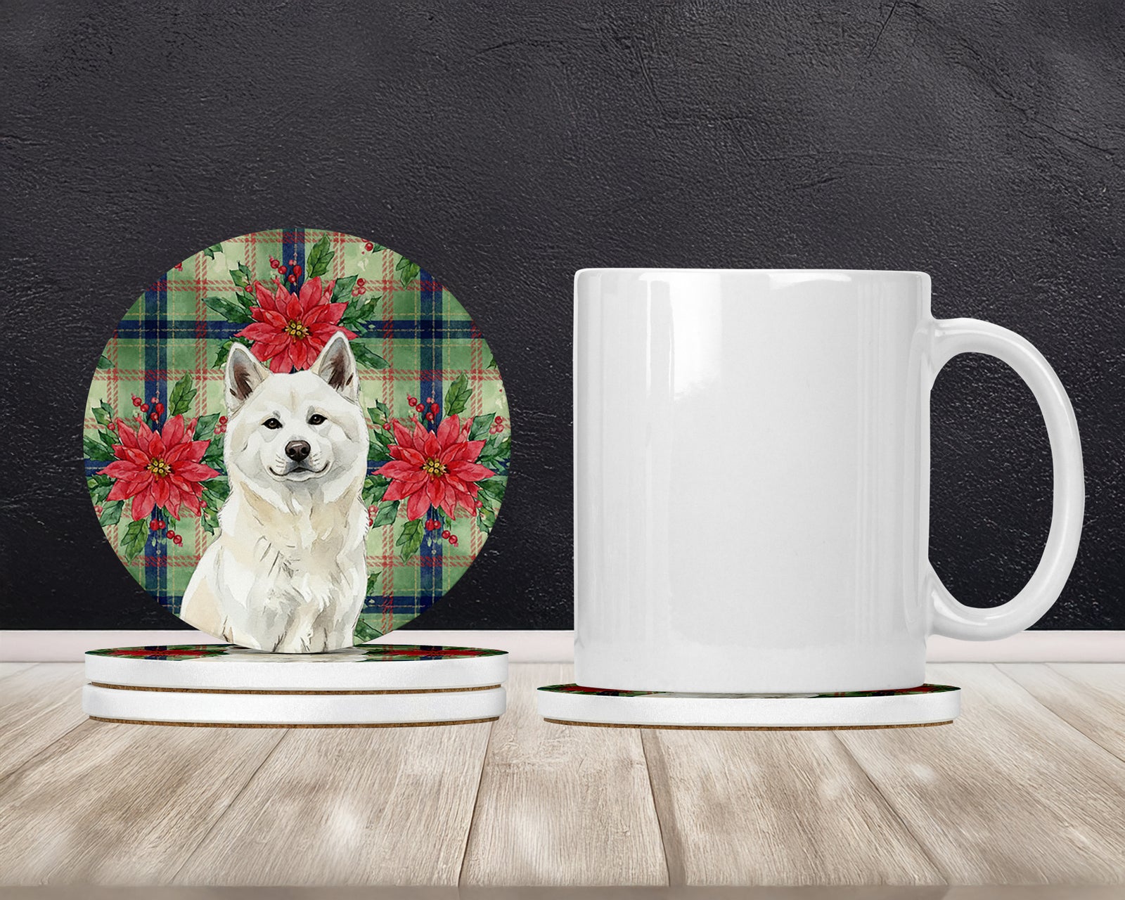 Caroline's Treasures White Akita Christmas PoinsettIas Large Sandstone Coasters Pack of 4
