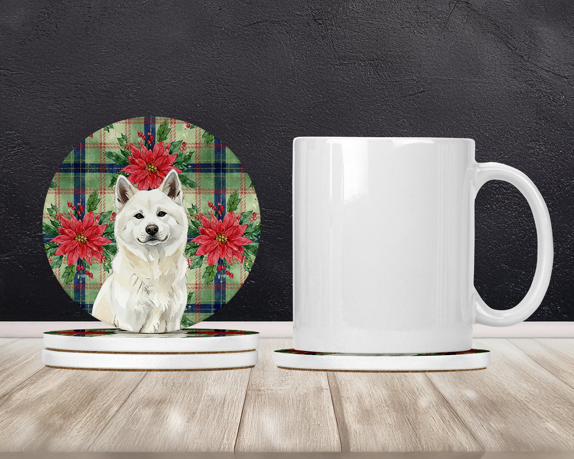 Caroline's Treasures White Akita Christmas PoinsettIas Large Sandstone Coasters Pack of 4
