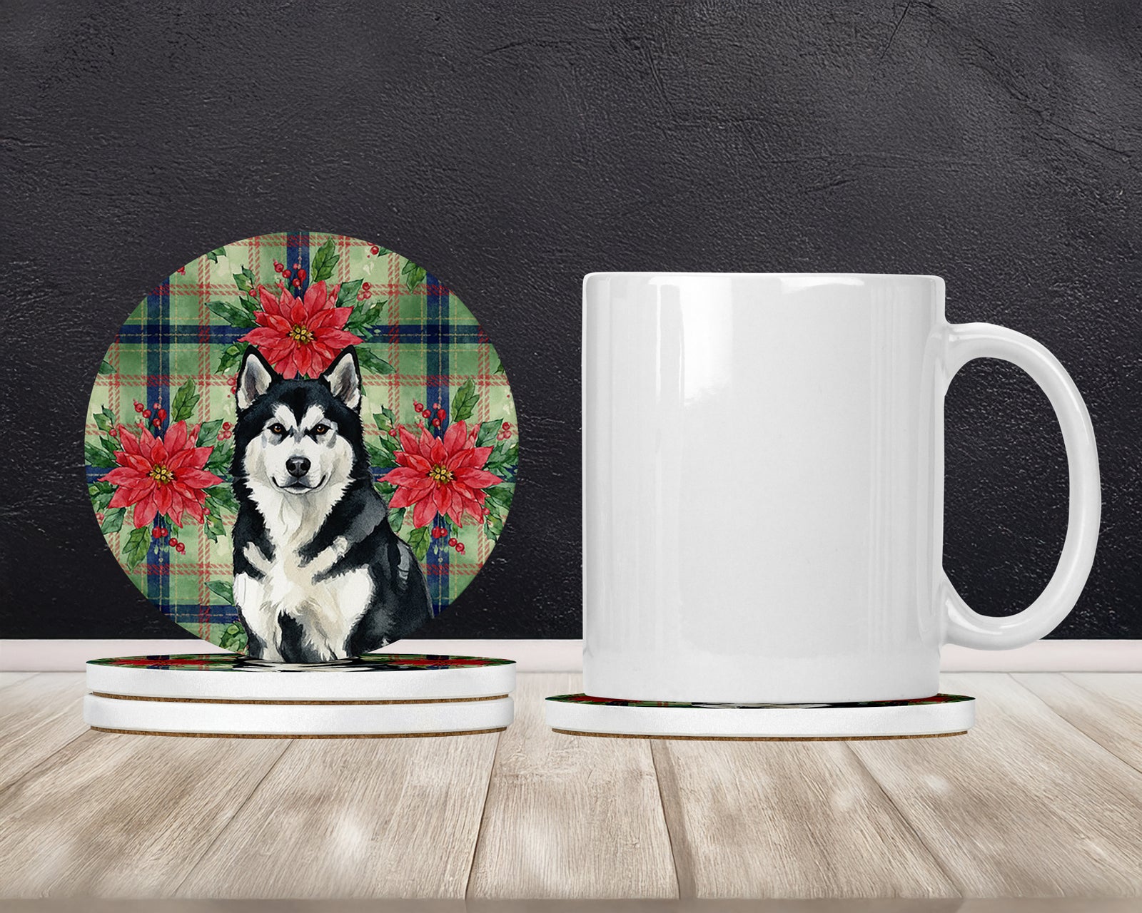 Caroline's Treasures Black and White Alaskan Malamute Christmas PoinsettIas Large Sandstone Coasters Pack of 4