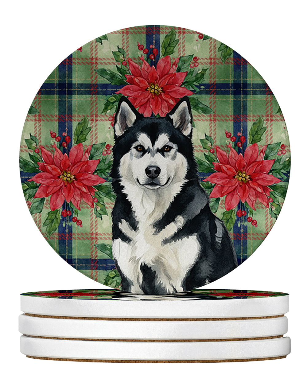 Caroline's Treasures Black and White Alaskan Malamute Christmas PoinsettIas Large Sandstone Coasters Pack of 4