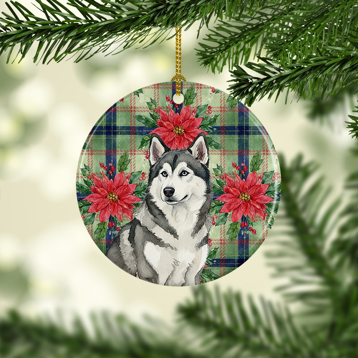 Caroline's Treasures Gray and White Alaskan Malamute Christmas PoinsettIas Ceramic Ornament