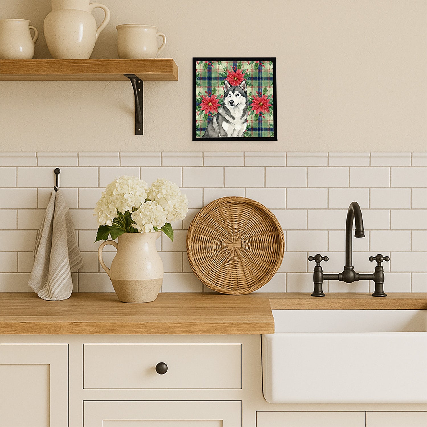 Caroline's Treasures Gray and White Alaskan Malamute Christmas PoinsettIas Framed Metal Print