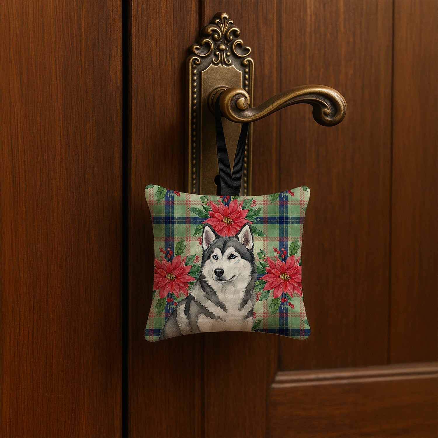 Caroline's Treasures Gray and White Alaskan Malamute Christmas PoinsettIas Hanging Square Fabric Ornament 3.5 x 3.5