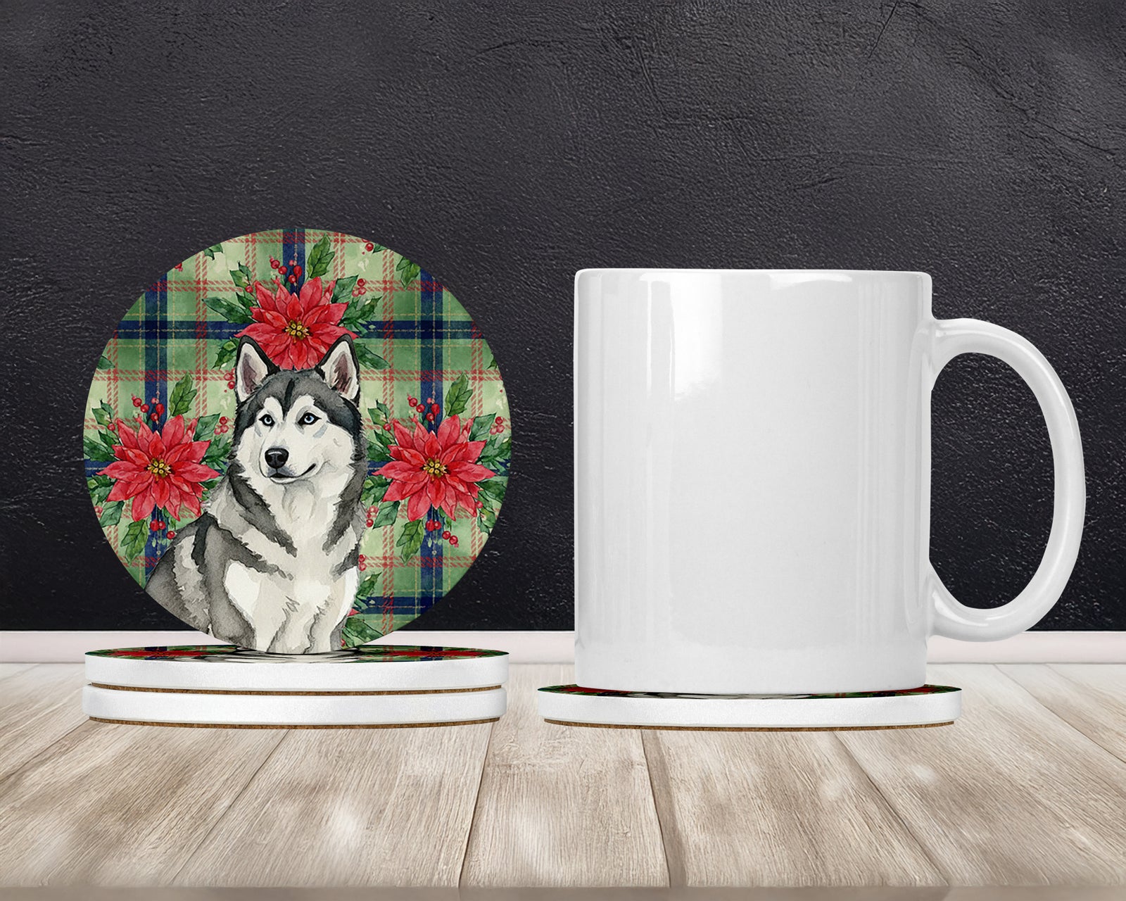Caroline's Treasures Gray and White Alaskan Malamute Christmas PoinsettIas Large Sandstone Coasters Pack of 4