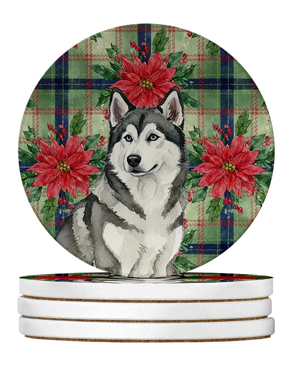 Caroline's Treasures Gray and White Alaskan Malamute Christmas PoinsettIas Large Sandstone Coasters Pack of 4