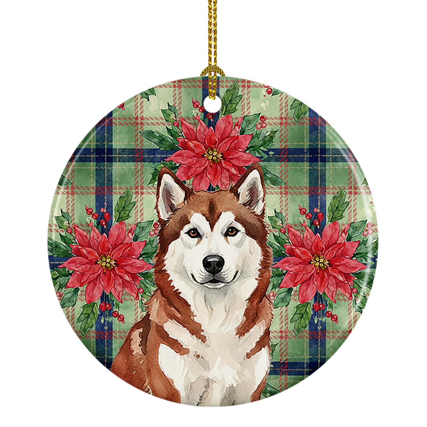 Caroline's Treasures Red and White Alaskan Malamute Christmas Poinsettas Ceramic Ornament
