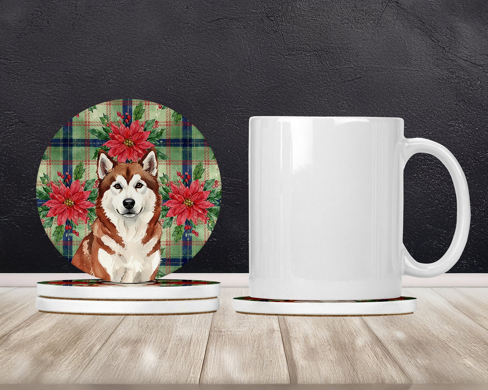 Caroline's Treasures Red and White Alaskan Malamute Christmas Poinsettas Large Sandstone Coasters Pack of 4