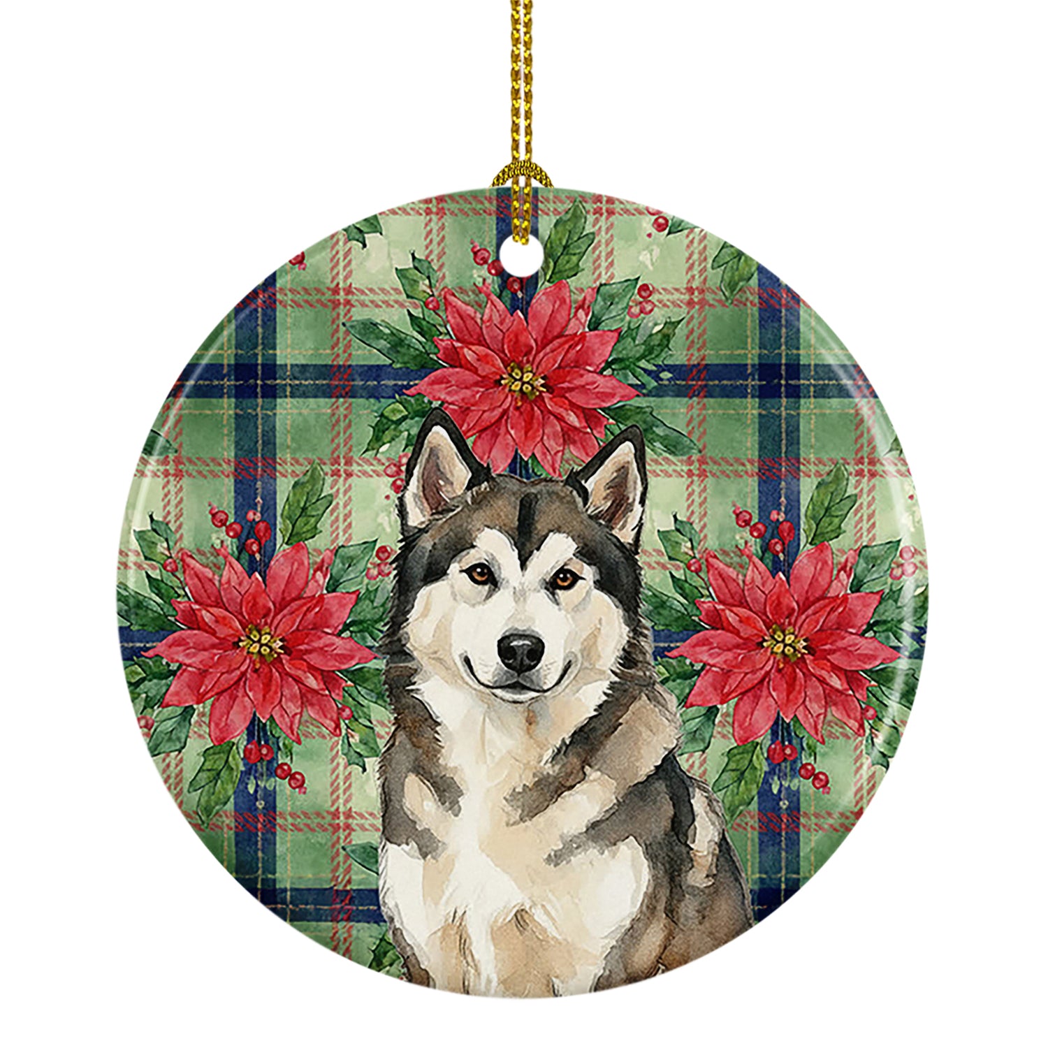 Caroline's Treasures Sable and White Alaskan Malamute Christmas Poinsettas Ceramic Ornament