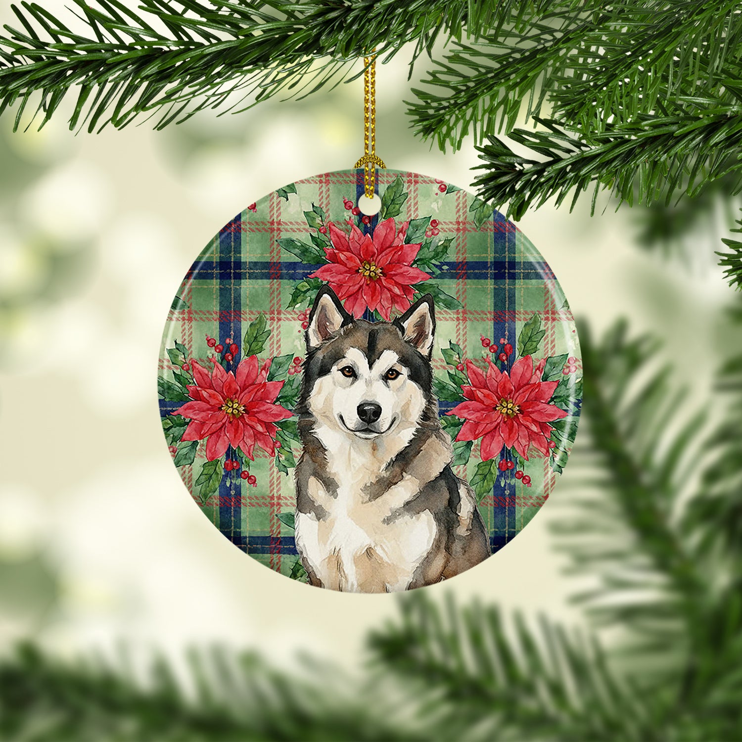 Caroline's Treasures Sable and White Alaskan Malamute Christmas Poinsettas Ceramic Ornament