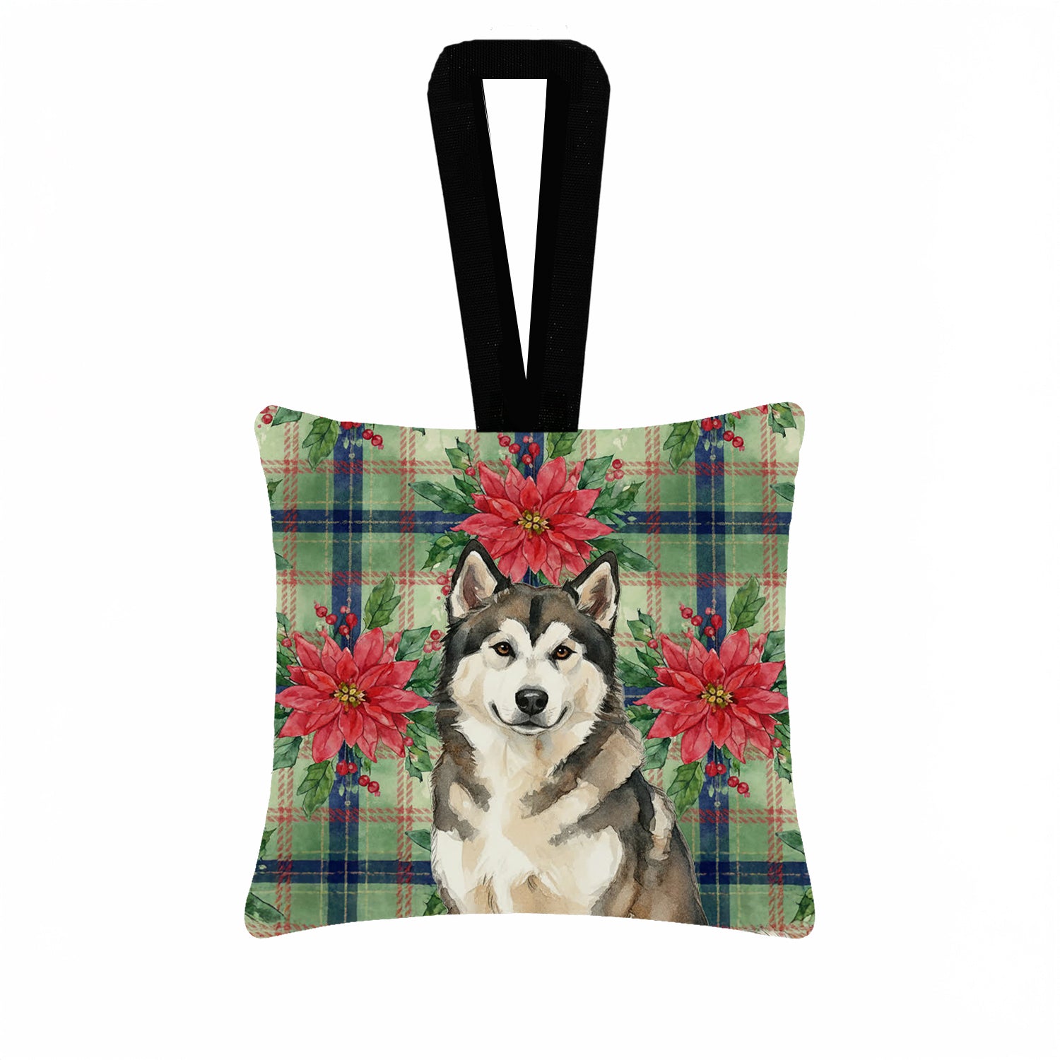 Caroline's Treasures Sable and White Alaskan Malamute Christmas Poinsettas Hanging Square Fabric Ornament 3.5 � 3.5