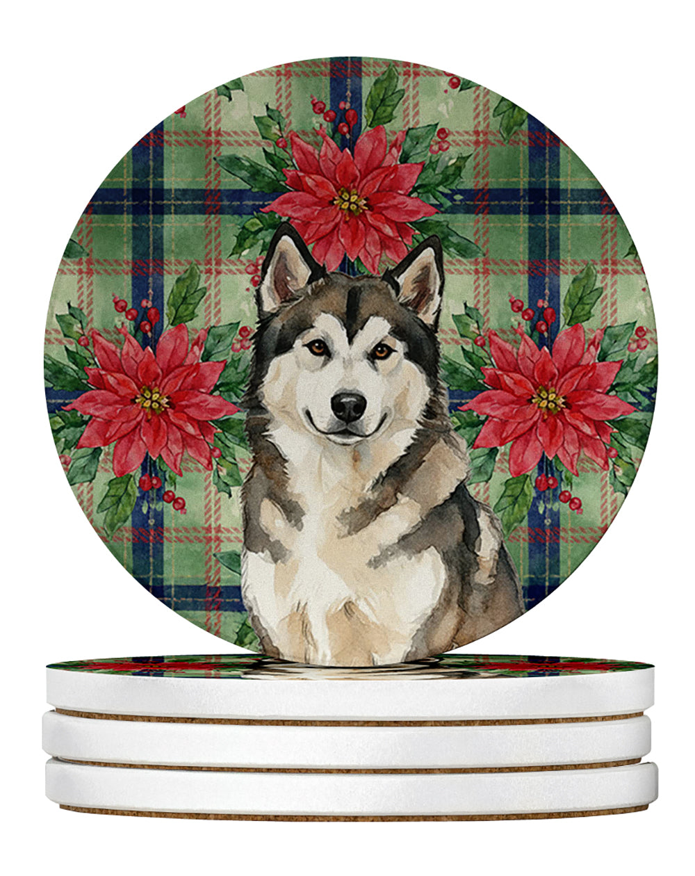 Caroline's Treasures Sable and White Alaskan Malamute Christmas Poinsettas Large Sandstone Coasters Pack of 4