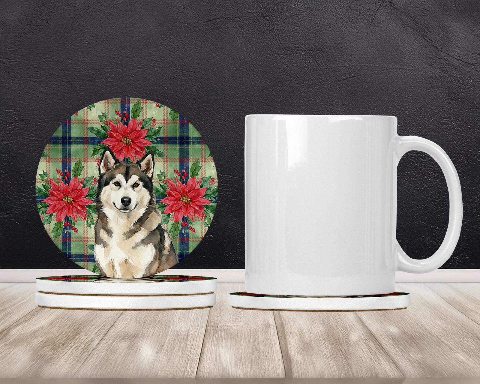 Caroline's Treasures Sable and White Alaskan Malamute Christmas Poinsettas Large Sandstone Coasters Pack of 4