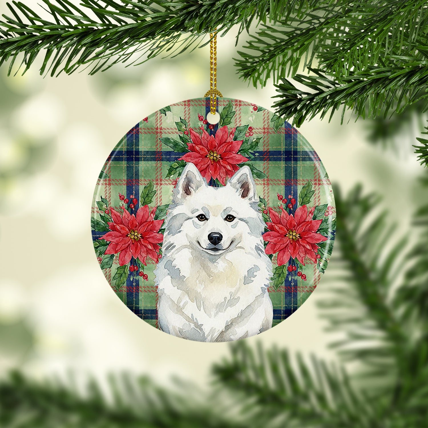 Caroline's Treasures American Eskimo Christmas PoinsettIas Ceramic Ornament