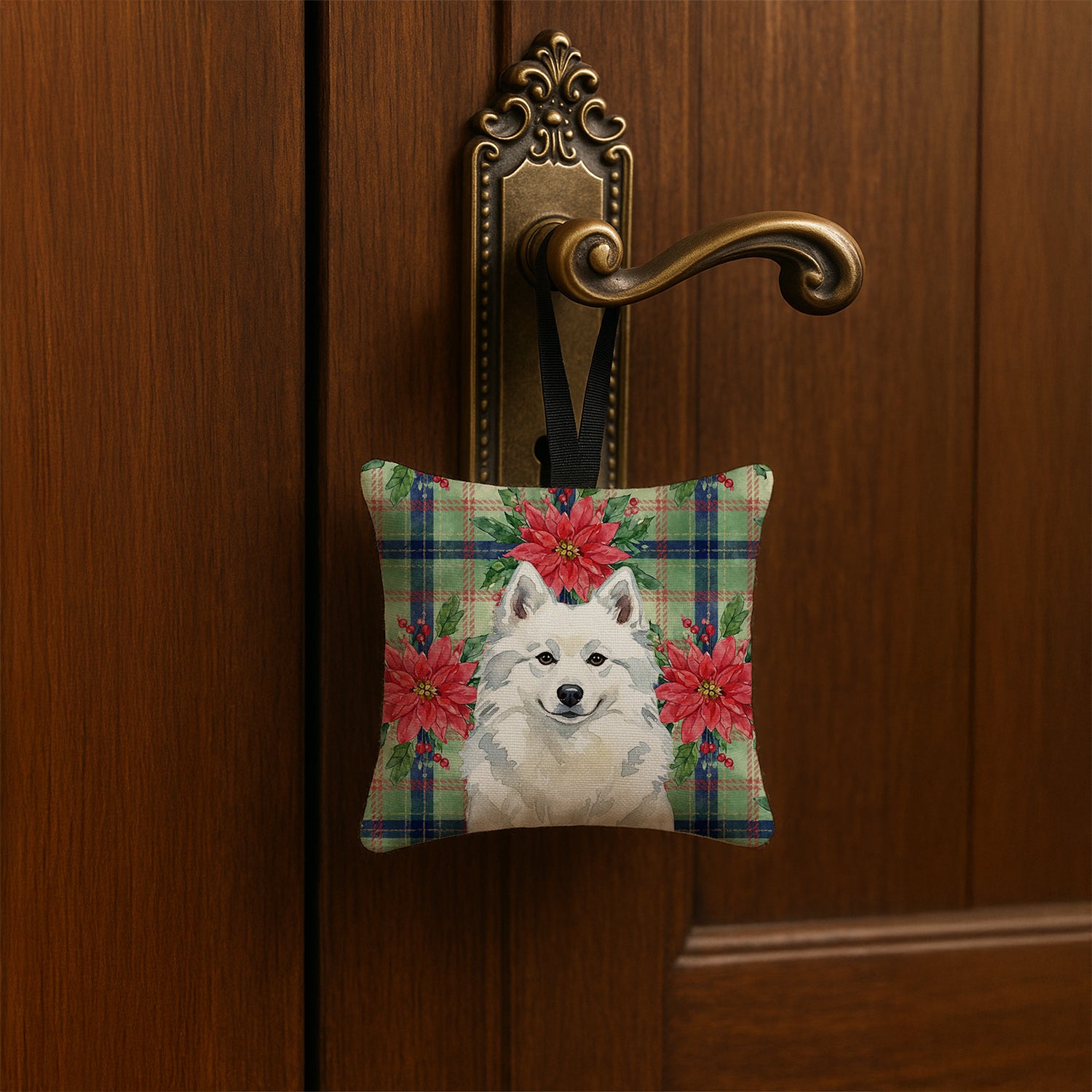 Caroline's Treasures American Eskimo Christmas PoinsettIas Hanging Square Fabric Ornament 3.5 x 3.5