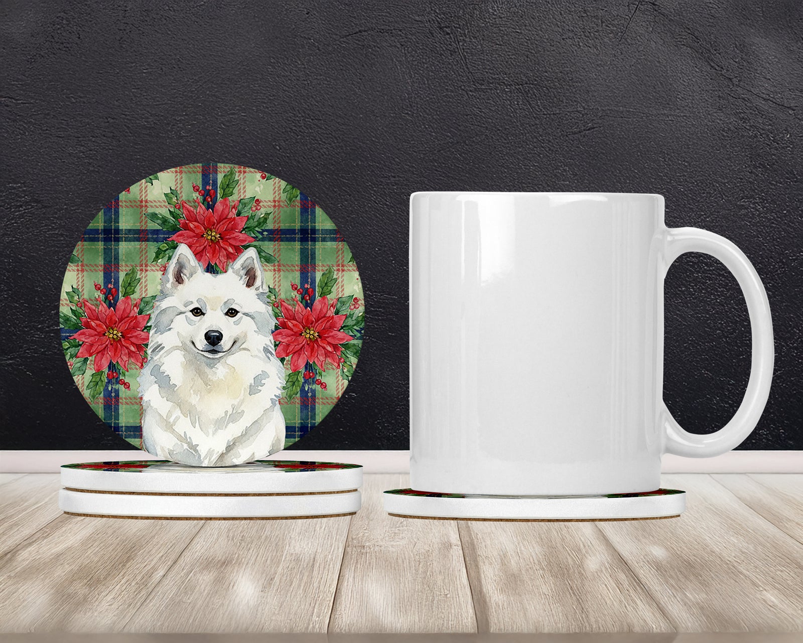 Caroline's Treasures American Eskimo Christmas PoinsettIas Large Sandstone Coasters Pack of 4
