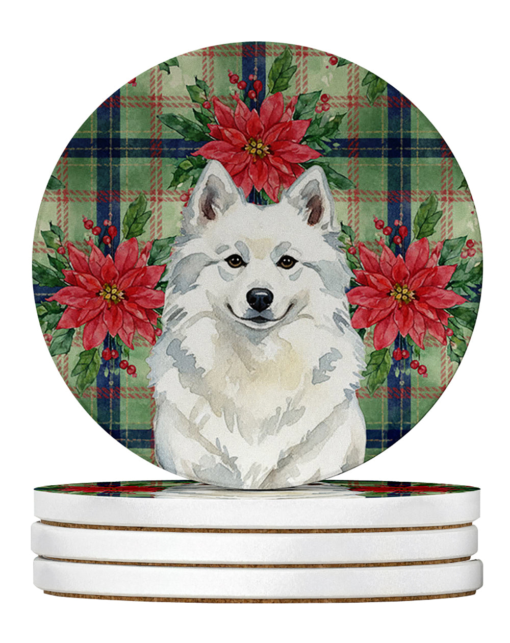 Caroline's Treasures American Eskimo Christmas PoinsettIas Large Sandstone Coasters Pack of 4