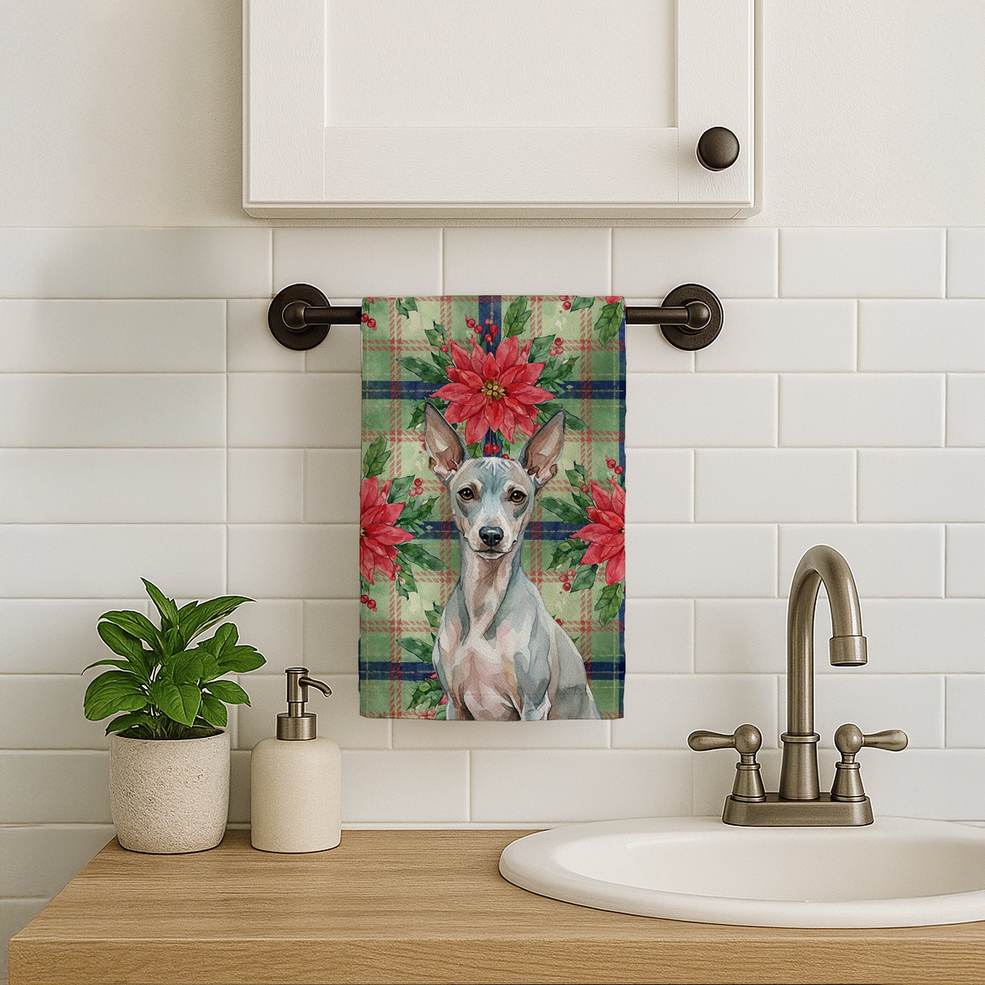 Caroline's Treasures American Hairless Terrier Christmas PoinsettIas Kitchen Towel