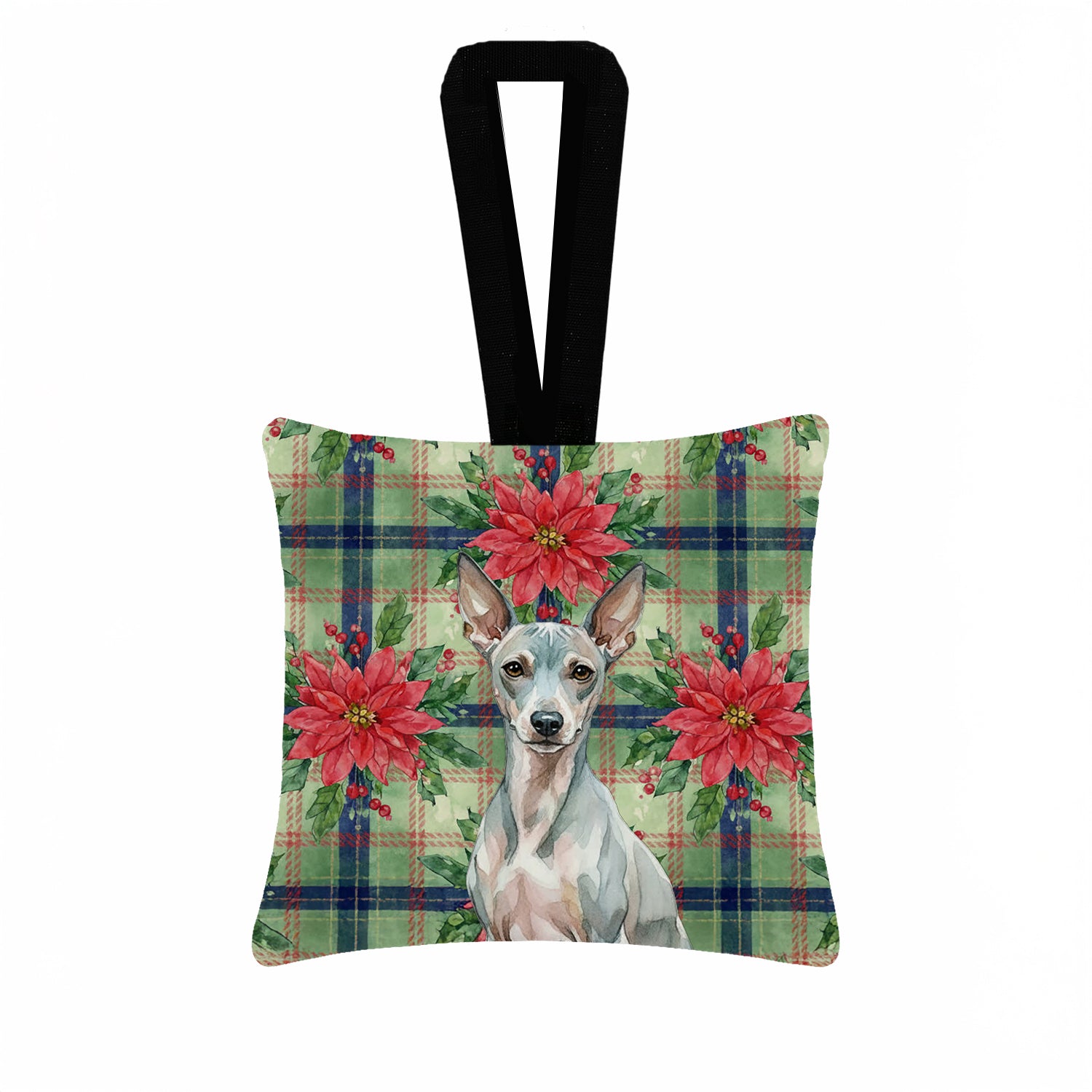 Caroline's Treasures American Hairless Terrier Christmas PoinsettIas Hanging Square Fabric Ornament 3.5 x 3.5