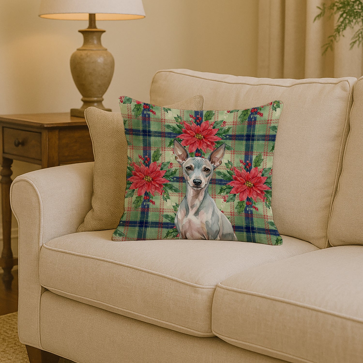 Caroline's Treasures American Hairless Terrier Christmas PoinsettIas Throw Pillow