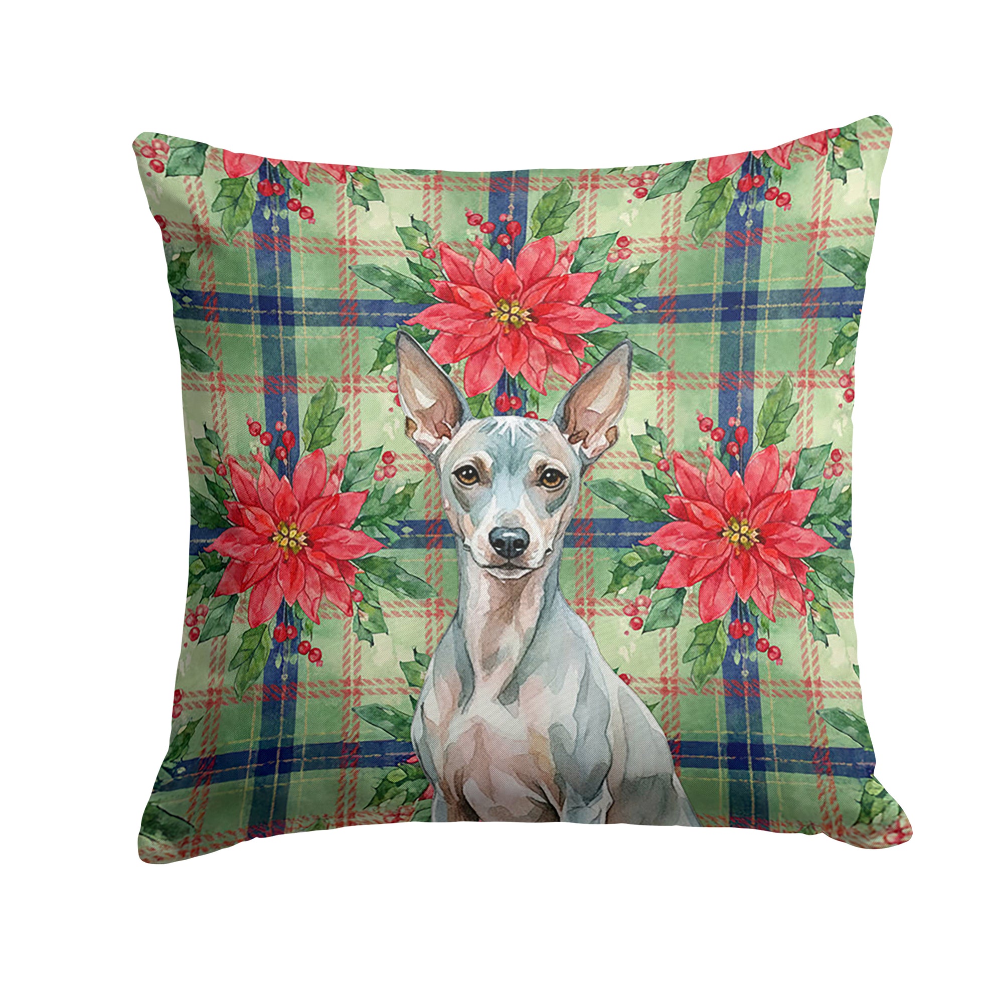 Caroline's Treasures American Hairless Terrier Christmas PoinsettIas Throw Pillow