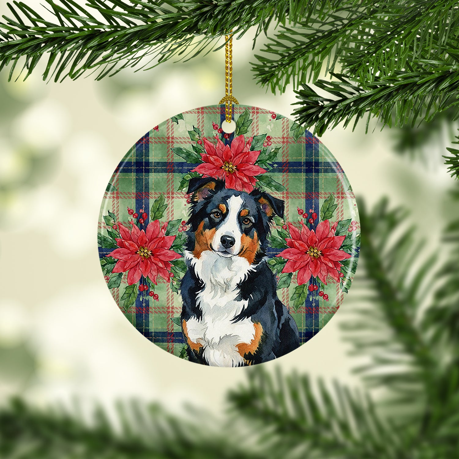 Caroline's Treasures Black Tri American Shepherd Christmas PoinsettIas Ceramic Ornament