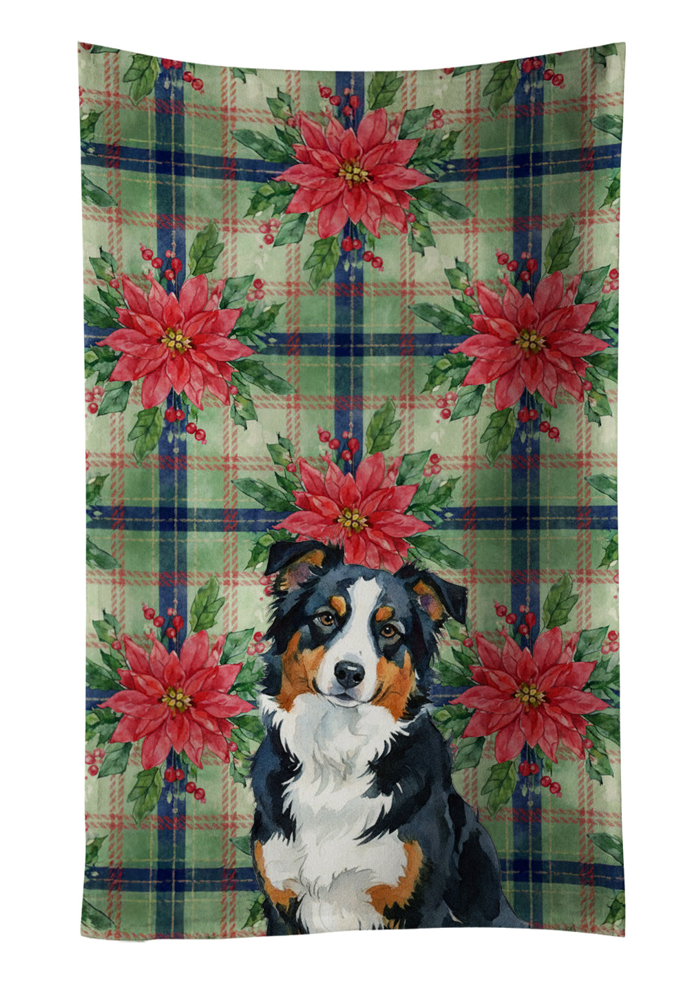 Caroline's Treasures Black Tri American Shepherd Christmas PoinsettIas Kitchen Towel