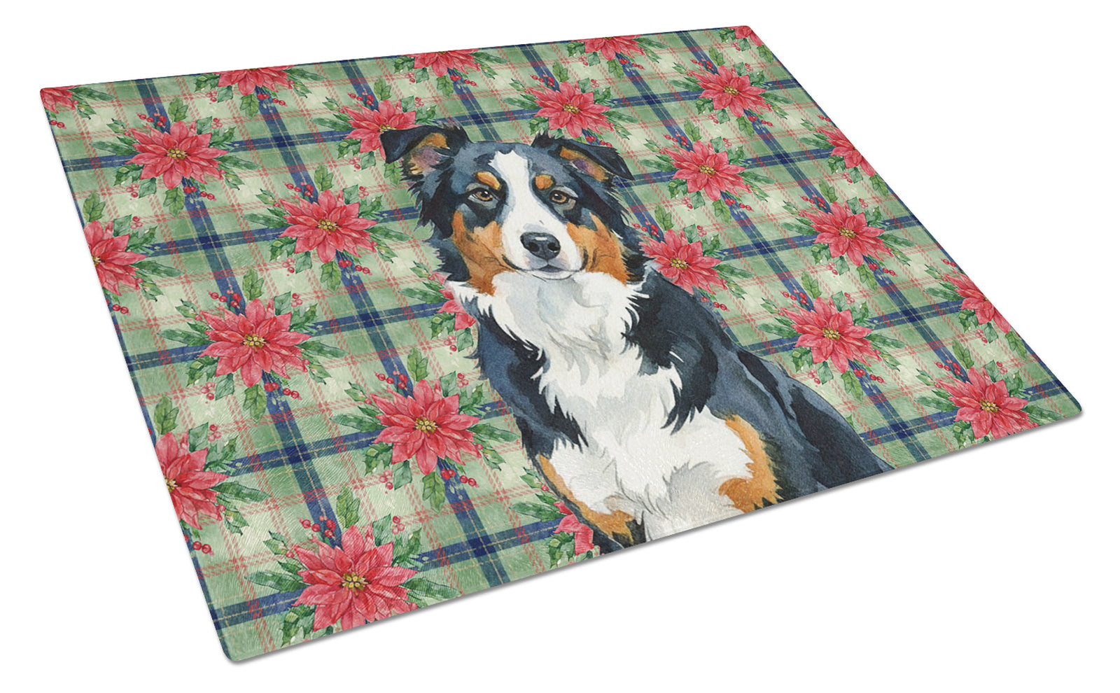 Caroline's Treasures Black Tri American Shepherd Christmas PoinsettIas Glass Cutting Board