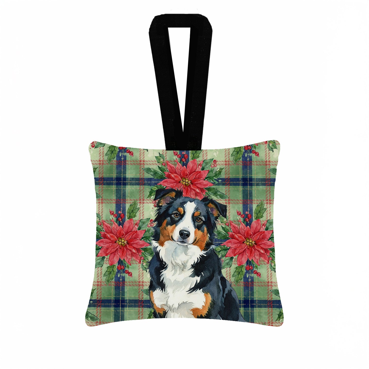Caroline's Treasures Black Tri American Shepherd Christmas PoinsettIas Hanging Square Fabric Ornament 3.5 x 3.5