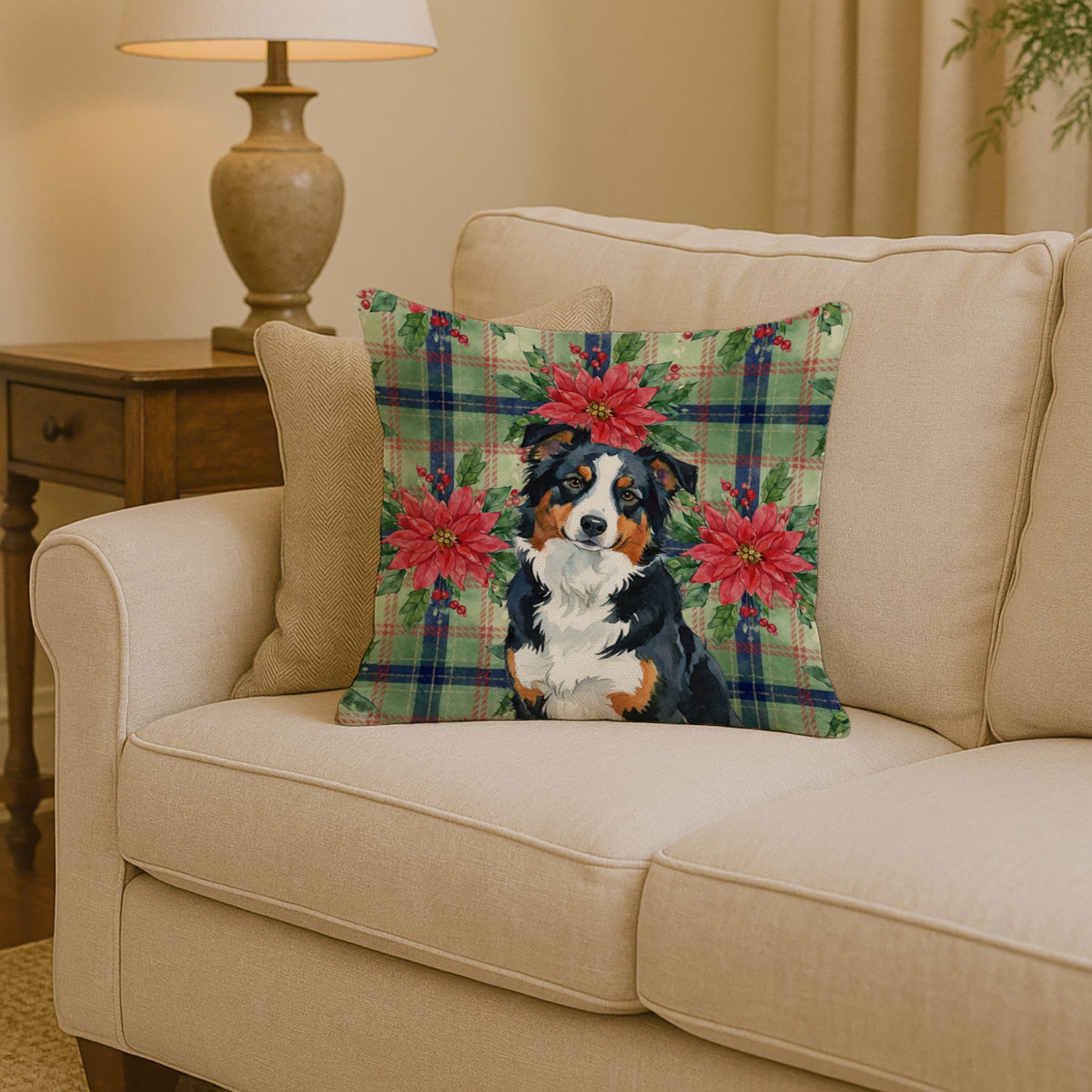 Caroline's Treasures Black Tri American Shepherd Christmas PoinsettIas Throw Pillow