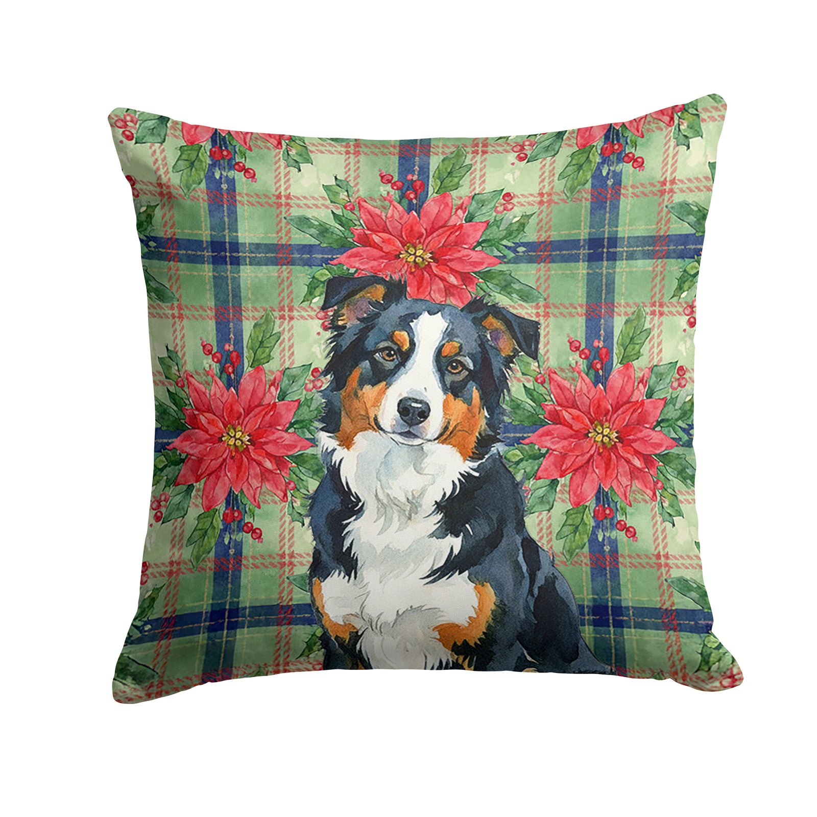Caroline's Treasures Black Tri American Shepherd Christmas PoinsettIas Throw Pillow