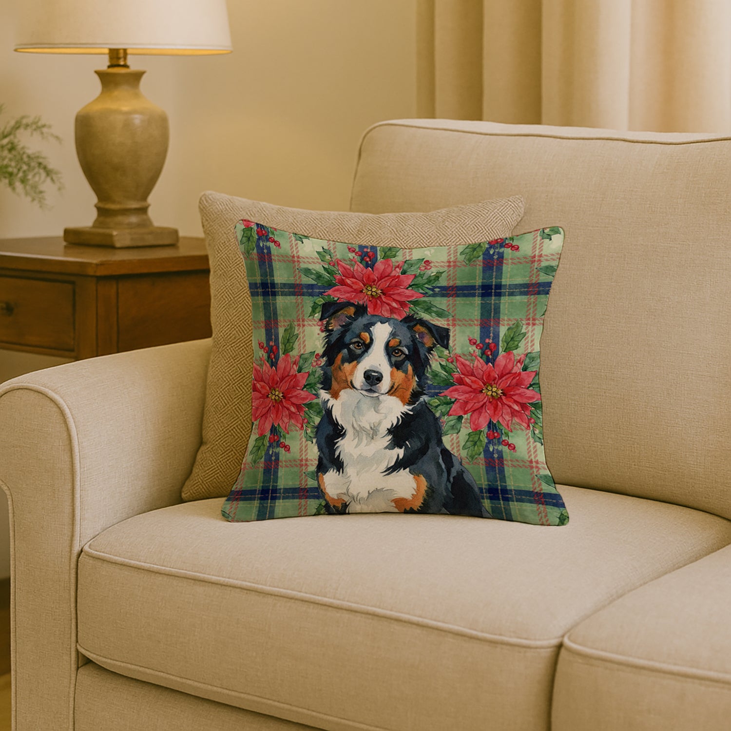 Caroline's Treasures Black Tri American Shepherd Christmas PoinsettIas Throw Pillow