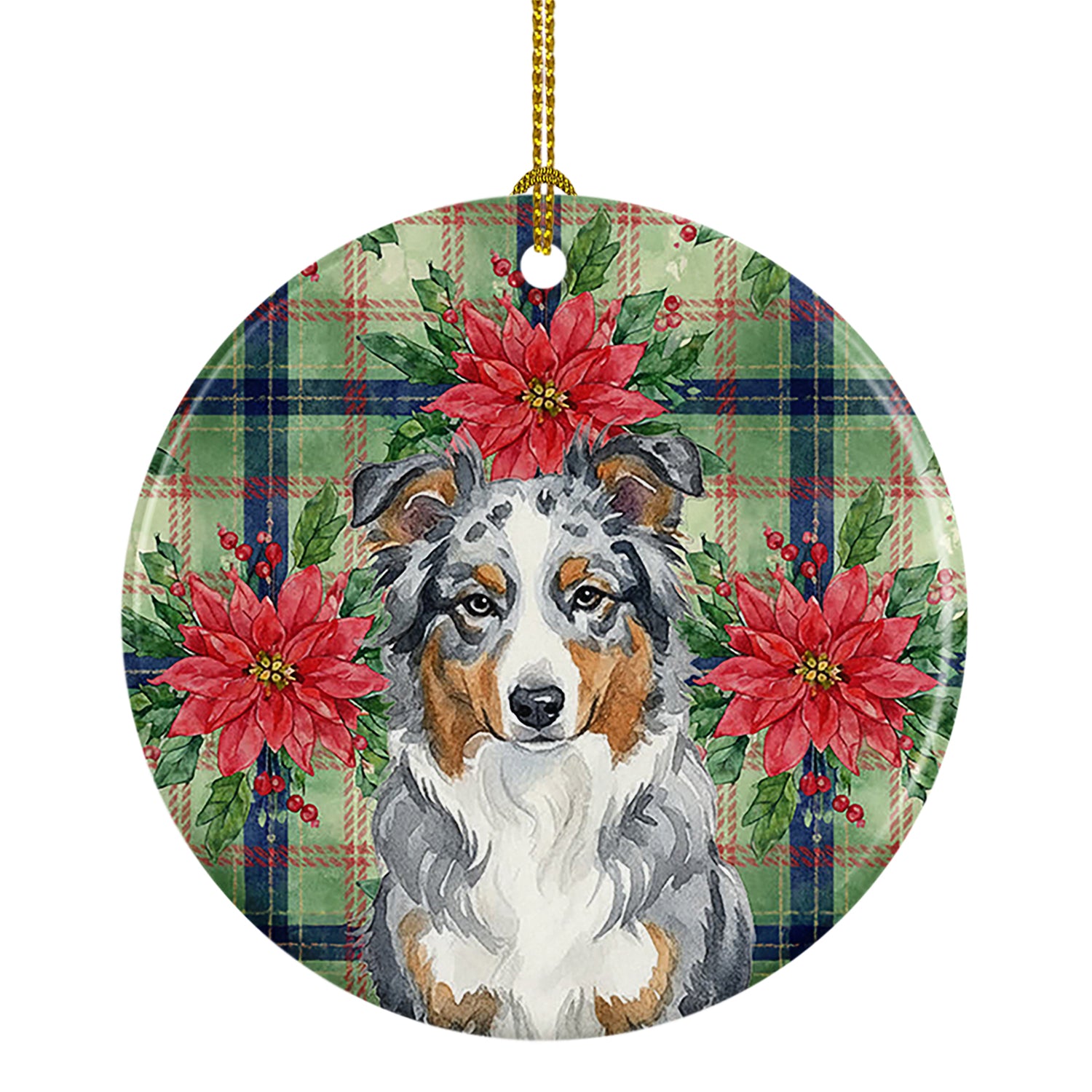 Caroline's Treasures Blue Merle American Shepherd Christmas PoinsettIas Ceramic Ornament