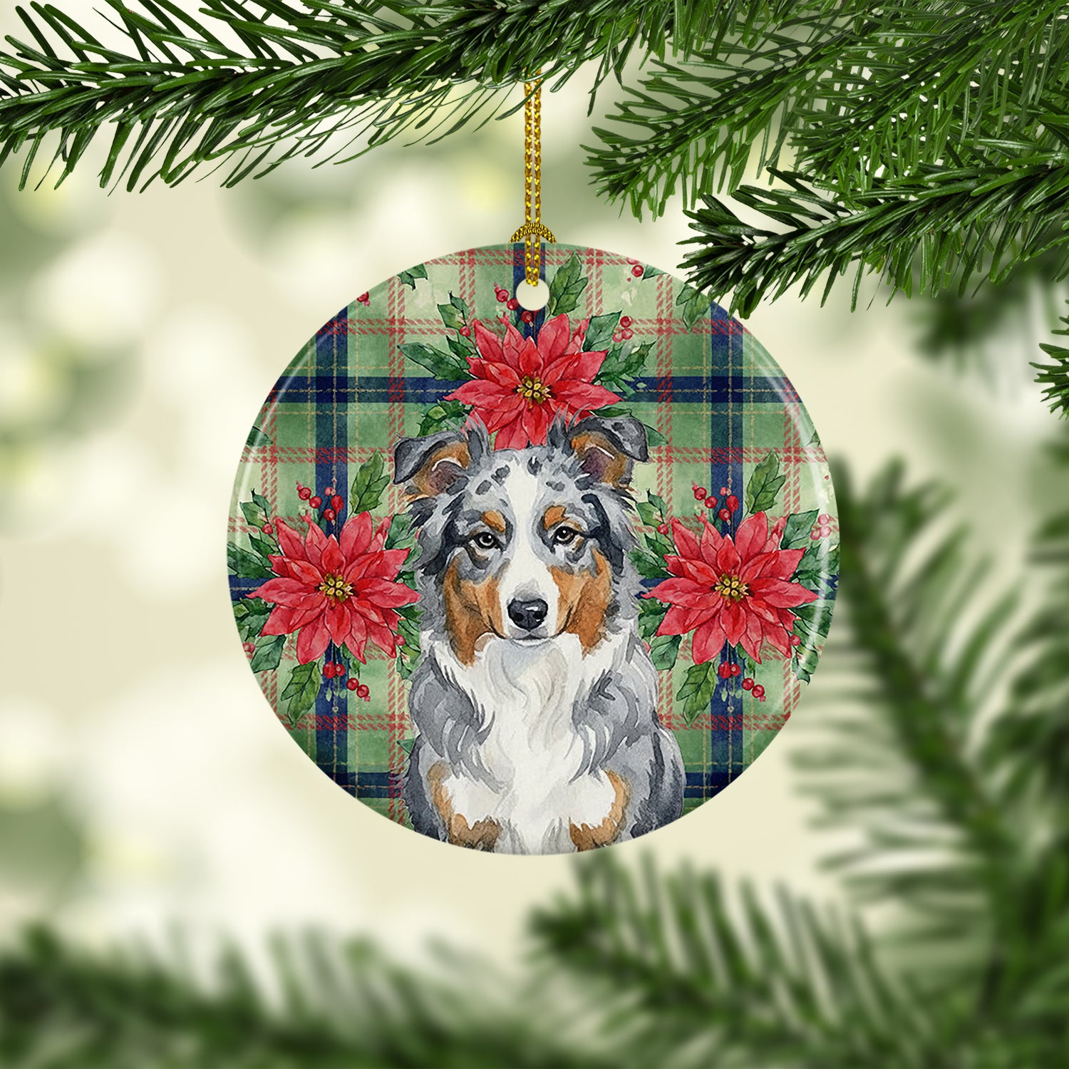 Caroline's Treasures Blue Merle American Shepherd Christmas PoinsettIas Ceramic Ornament