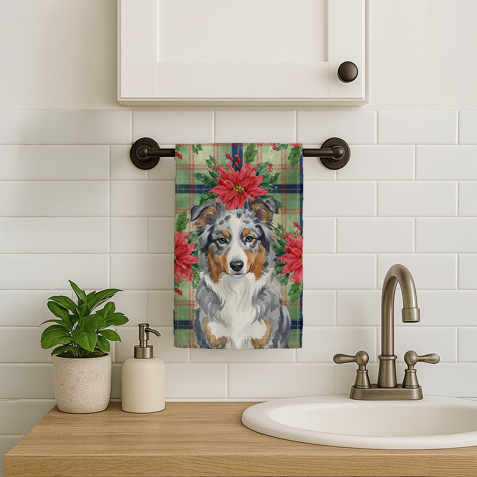 Caroline's Treasures Blue Merle American Shepherd Christmas PoinsettIas Kitchen Towel