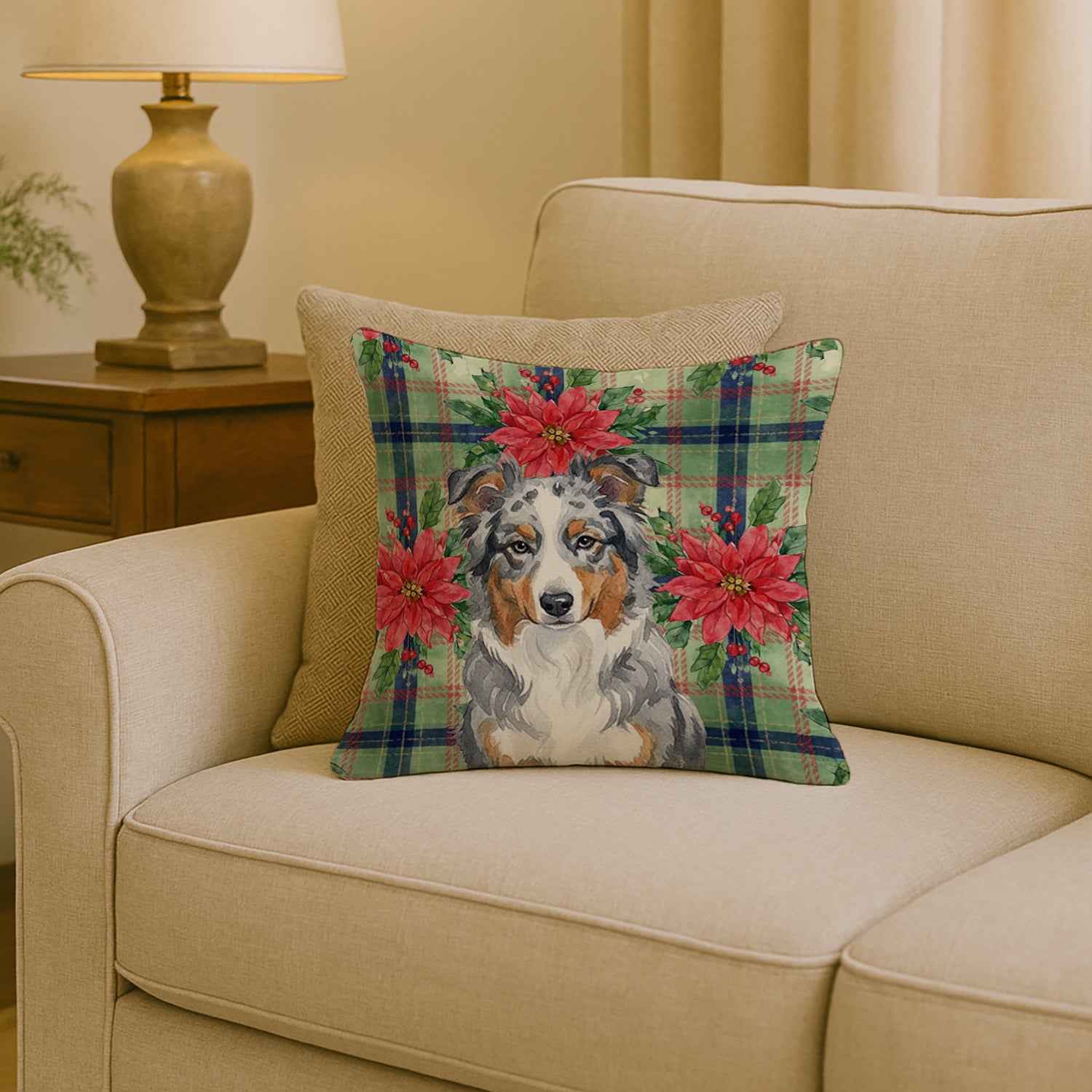 Caroline's Treasures Blue Merle American Shepherd Christmas PoinsettIas Throw Pillow